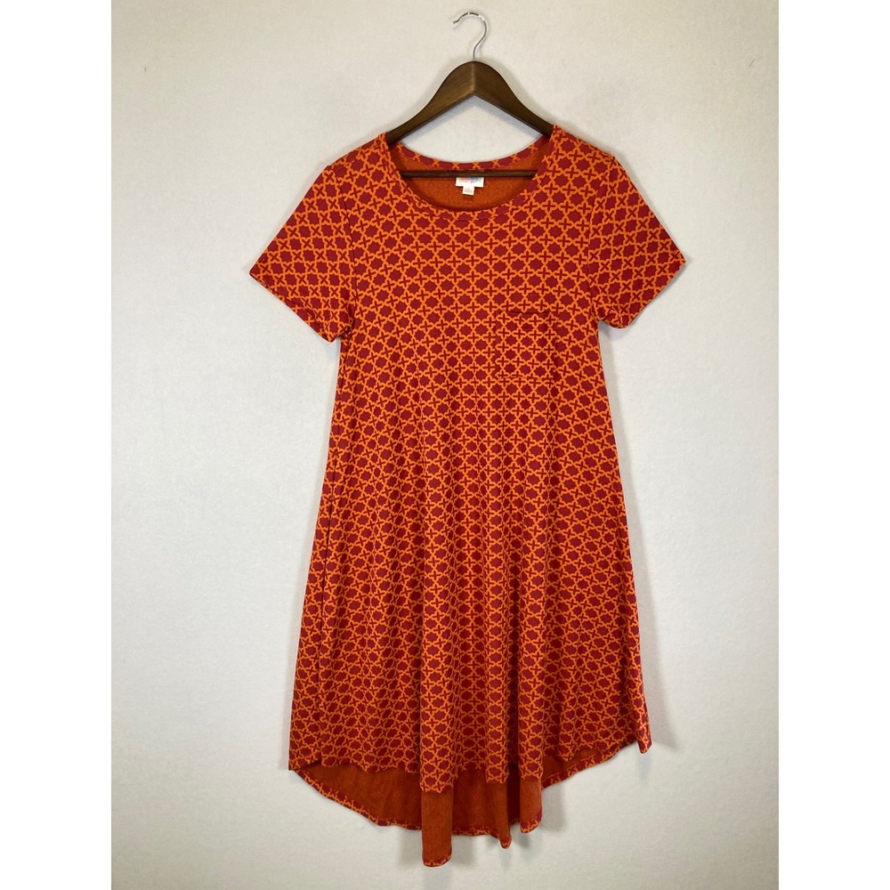 Retro Boho LuLaRoe Women Small Orange Red Geometric Carly High Low Pocket Dress
